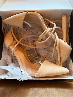 Fashion Nova Beige Lace-Up Pointed Toe Stiletto Heels